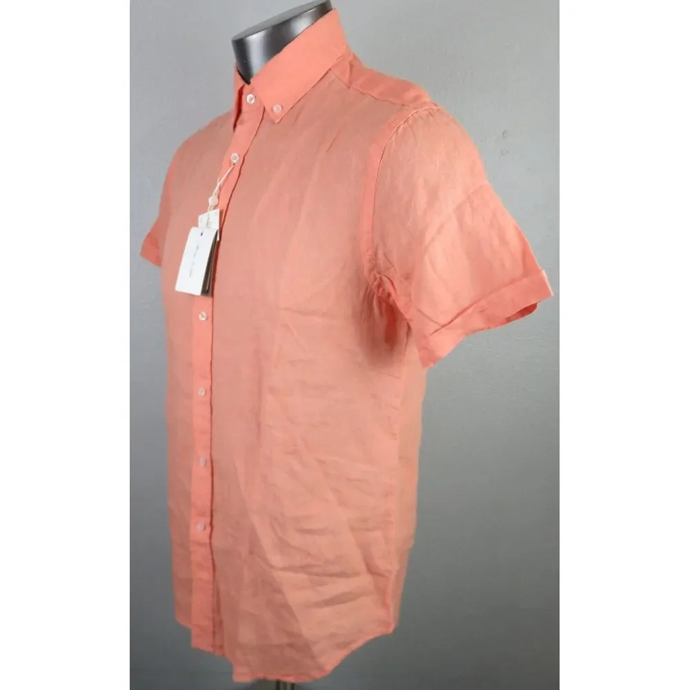 Mens Porter & Ash‎ Short Sleeve Button Front Linen Shirt Orange Peach Size M New